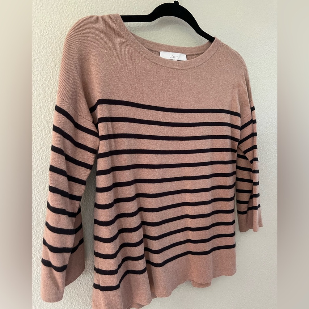 LOFT Tan and Black Striped Sweater with Split Back